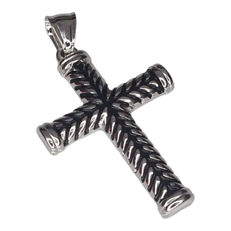 Cross pendant, silver / black, stainless steel, 52mm