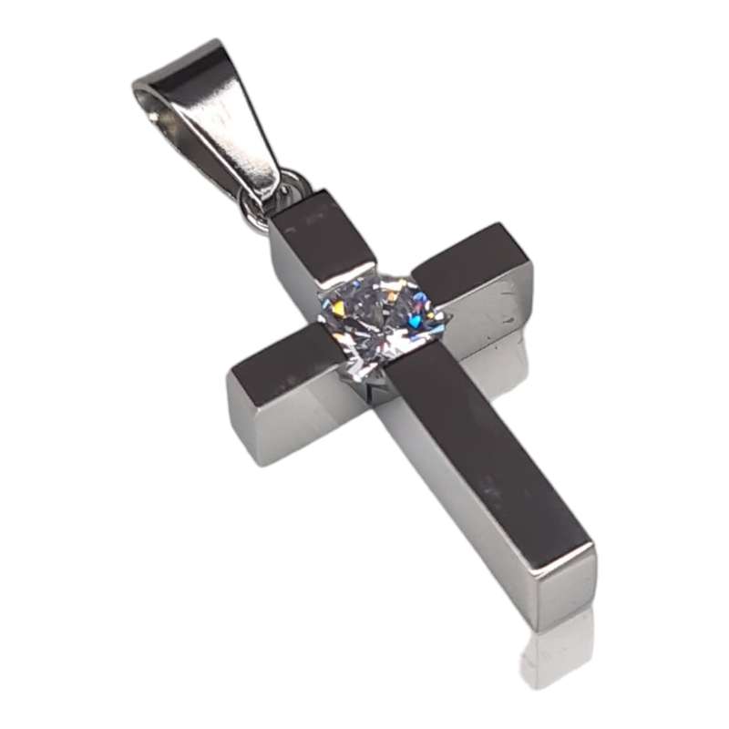 Cross w rhinestone pendant, stainless steel, 36mm