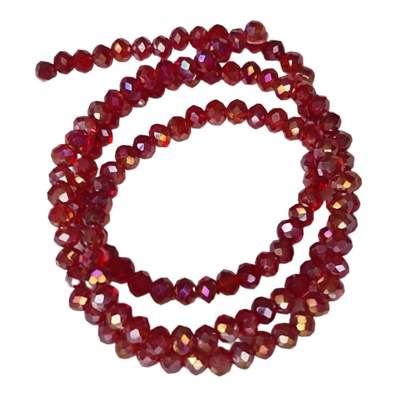 Glass bead string, faceted, rondelle, 4x5mm, red AB, 40cm