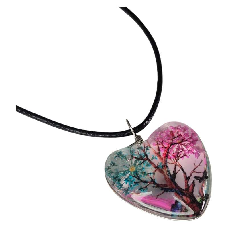Dried flowers glass heart necklace, blue/pink, black string, 45cm