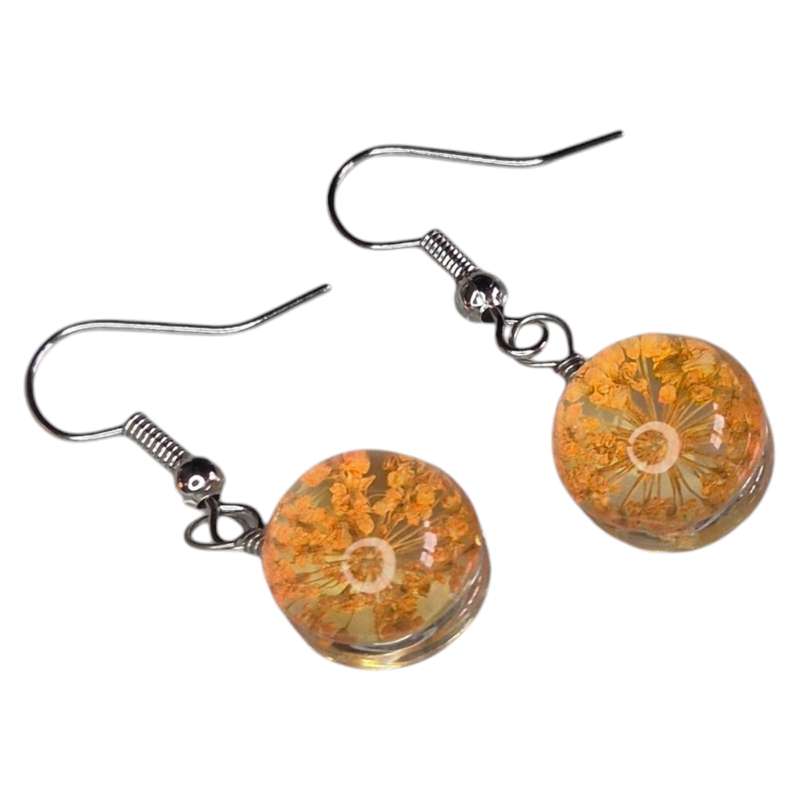 Dried flower glass earrings, mustard yellow, 35mm