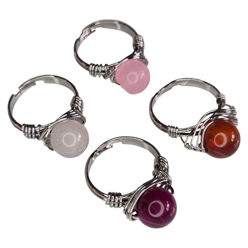 Gemstone bead dress ring, wire wrapped, adjustable