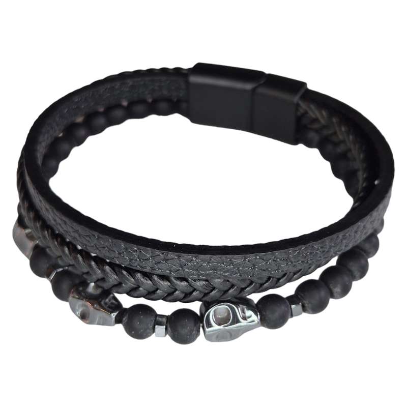 Obsidian w hematite skulls faux leather bracelet, slide clasp