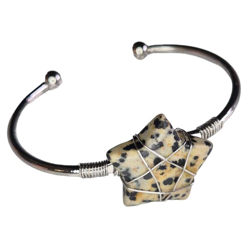 Wire wrapped star bangle, Dalmatian Stone