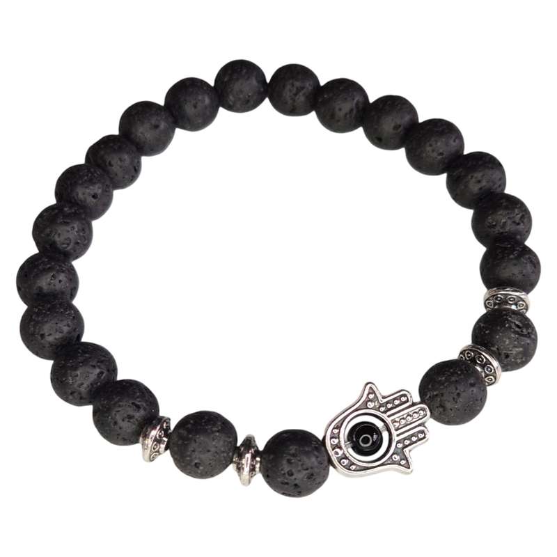 Lava bead bracelet w hamsa hand, stretchcord