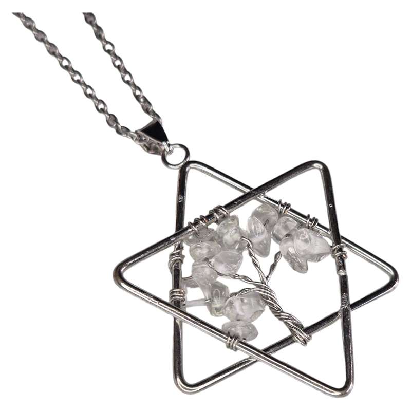 Star wire wrapped drop necklace, Quartz, silver chain, 45cm