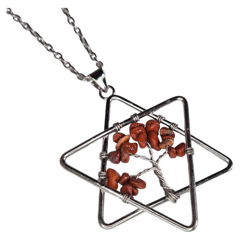 Star wire wrapped drop necklace, Jasper, silver chain, 45cm