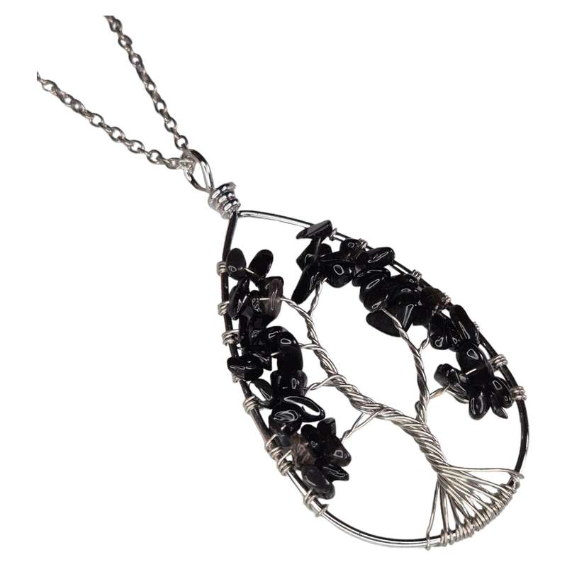Wire wrapped drop necklace, Obsidian, silver chain, 45cm
