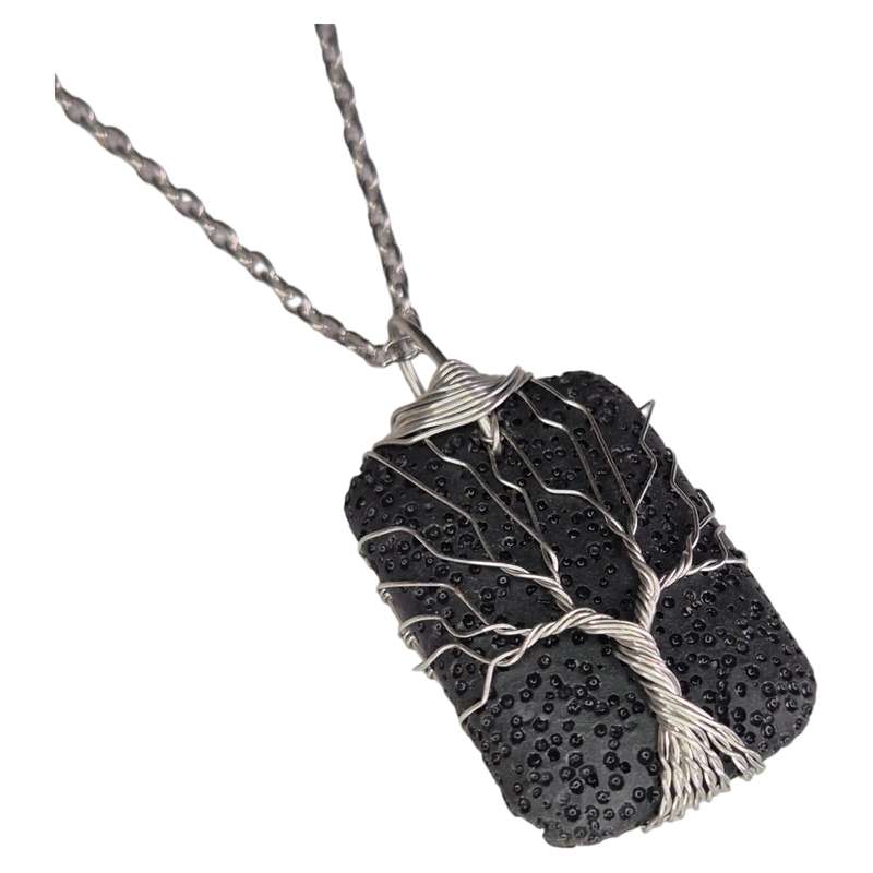 Lava wire wrapped necklace, rectangle, black, silver chain, 45cm