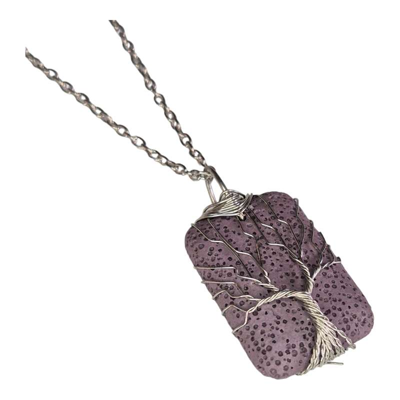 Lava wire wrapped necklace, rectangle, purple, silver chain, 45cm