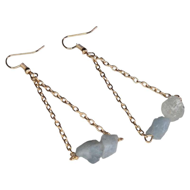 Rough chip drop earrings, gold base, Aquamarine, 75mm