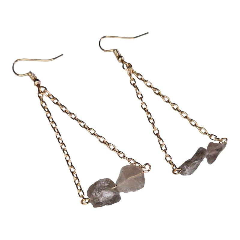 Rough chip drop earrings, gold base, Smoky Quartz, 75mm