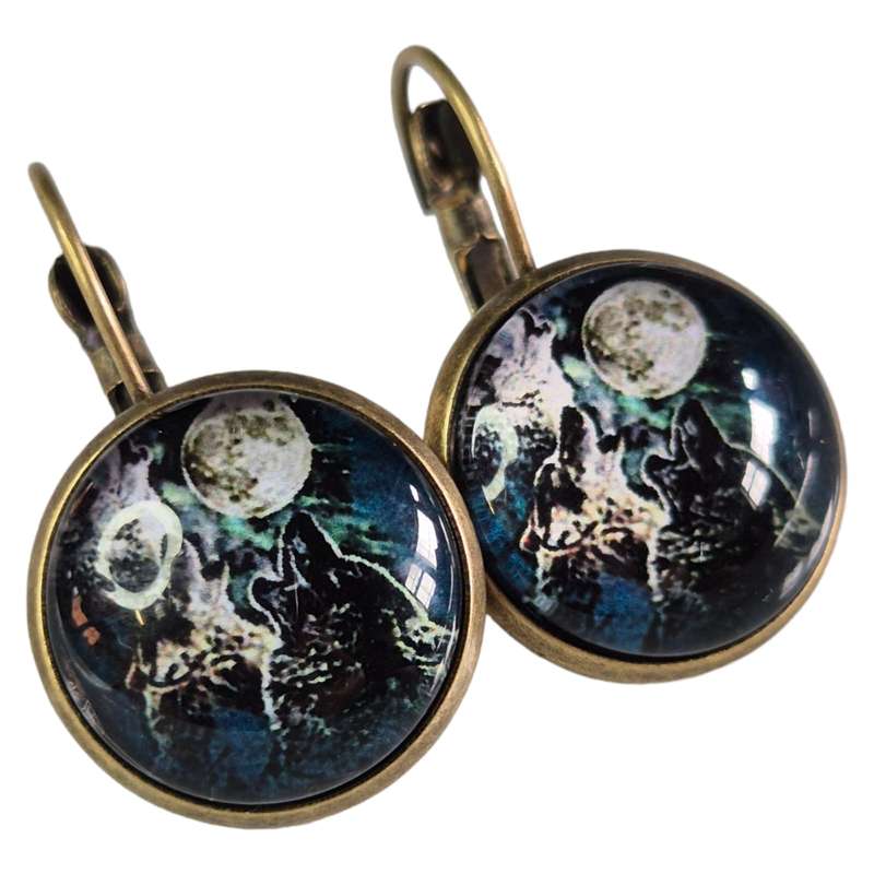 Howling wolf earrings, bronze base, 30mm