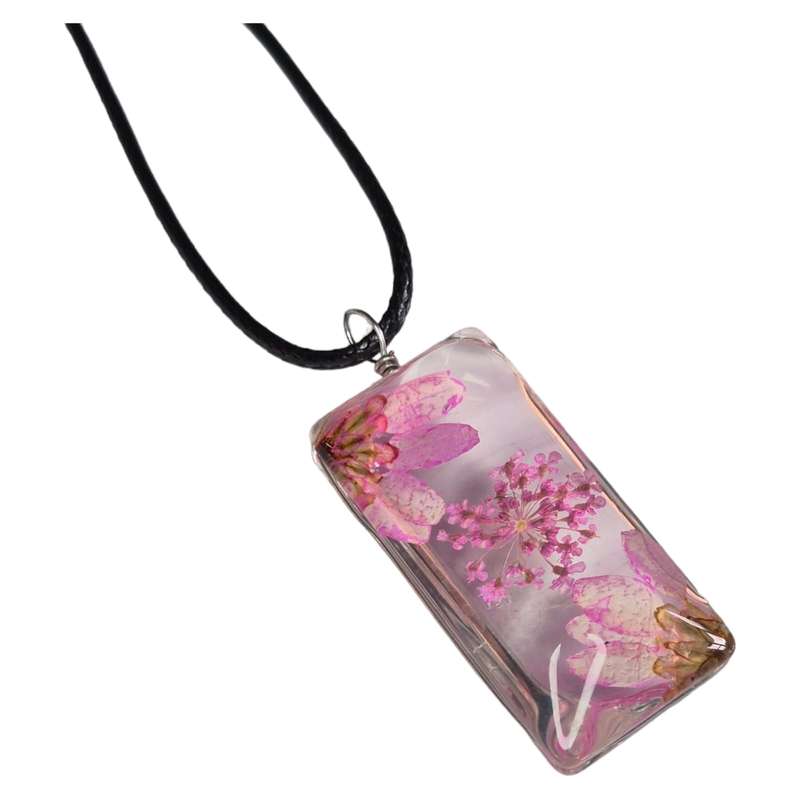 Dried flowers glass rectangle necklace, pink, black string, 45cm