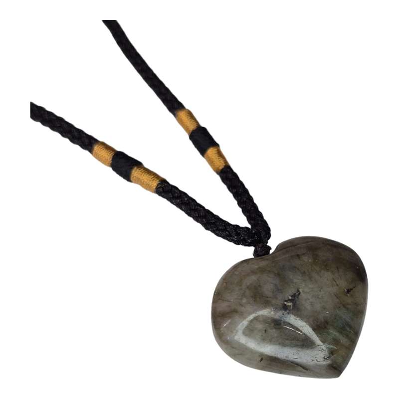 Labradorite heart necklace, woven string, 45cm