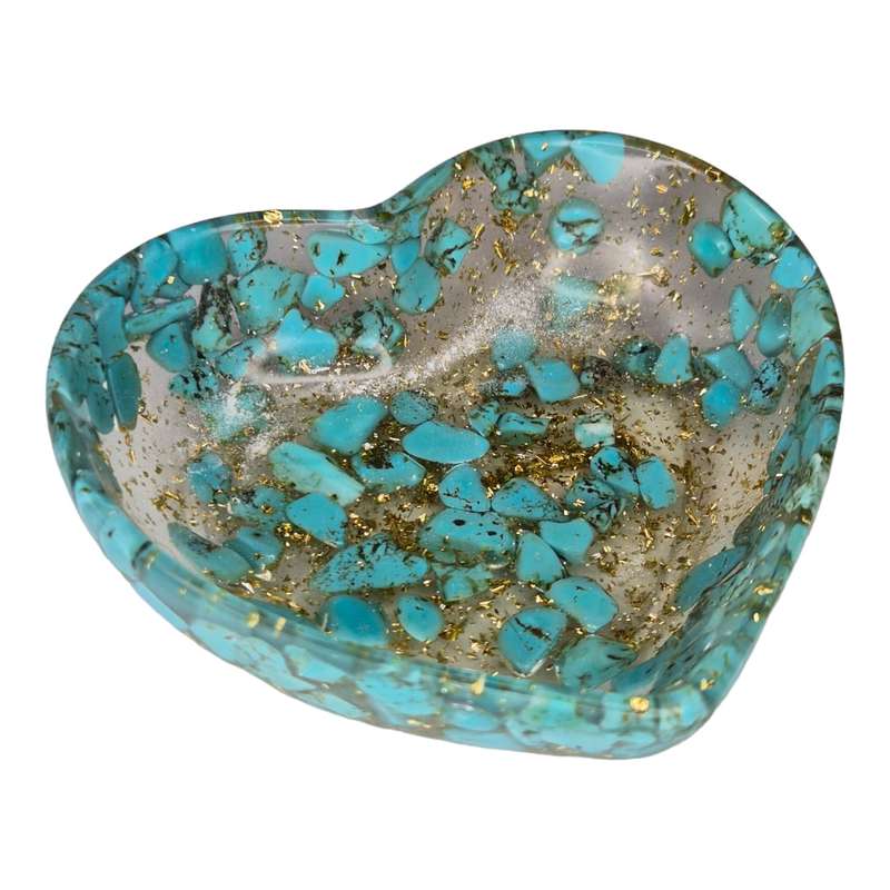 Resin heart bowl, turquoise w gold flakes, 8x7x2.5cm