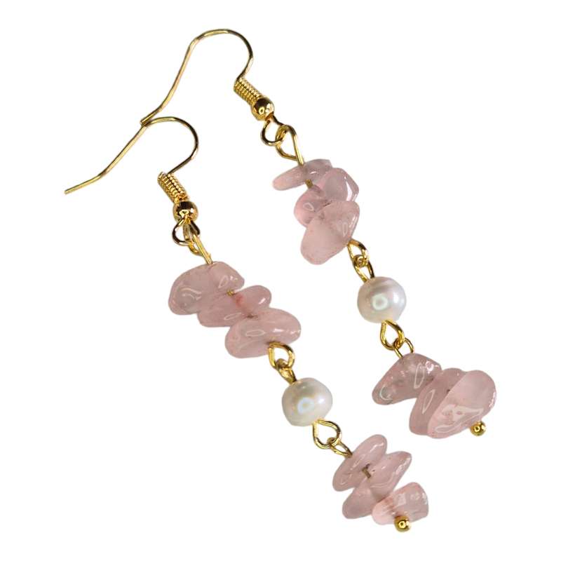 Rose Quartz chips w pearl earrings, gold base, 60mm