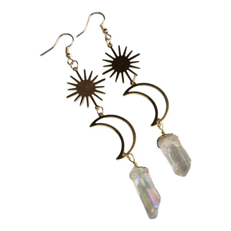Aura Quartz sun & moon earrings, clear, gold base, 115mm