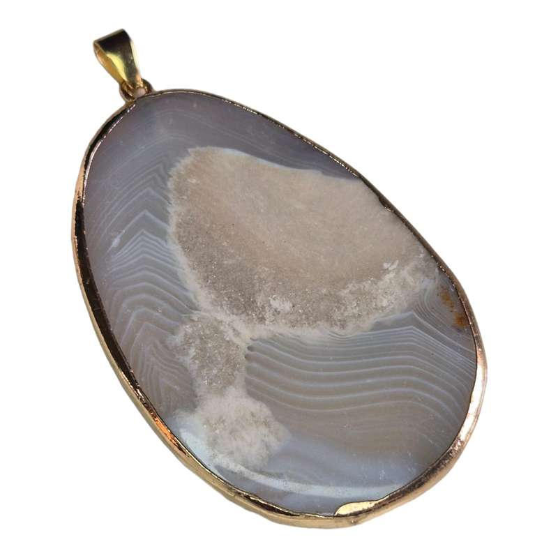 Agate slice pendant, grey, gold trim, 60-80mm