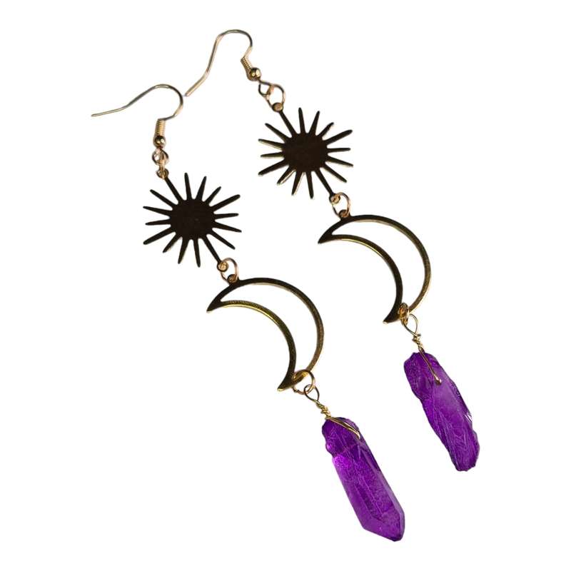 Aura Quartz sun & moon earrings, purple, gold base, 115mm