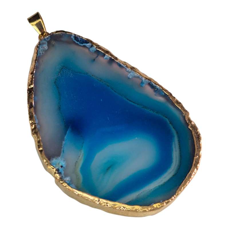 Agate slice pendant, blue, gold trim, 60-80mm