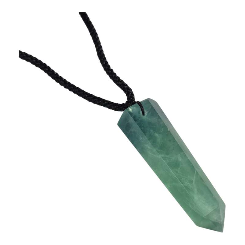 Fluorite point necklace, black string, adjustable