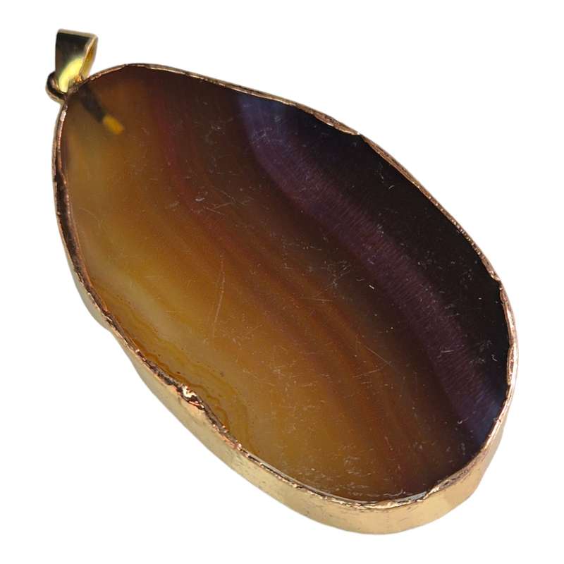 Agate slice pendant, brown, gold trim, 60-80mm