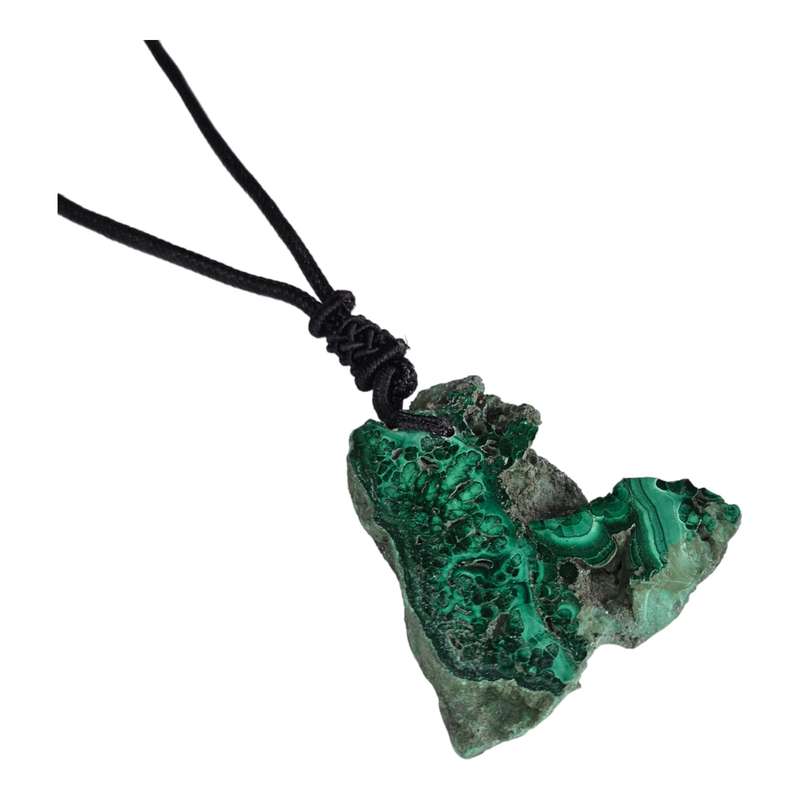 Malachite slice necklace, brown string, adjustable