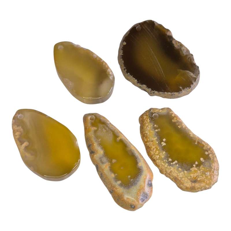 Agate slice pendant w hole, yellow, 40-50mm