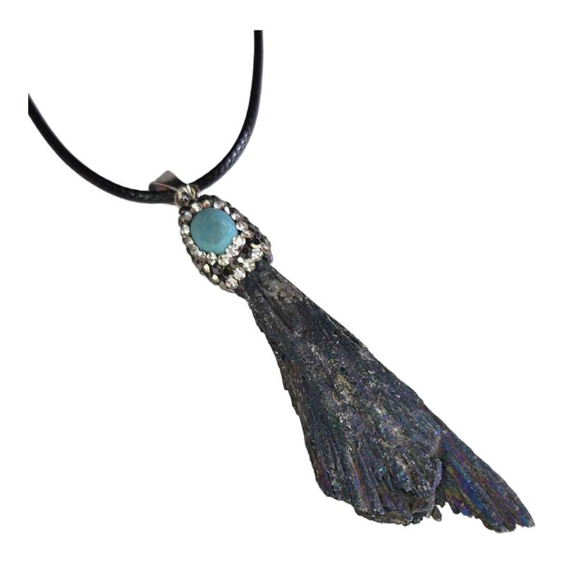 Tourmaline necklace, black string, blue aura, 45cm