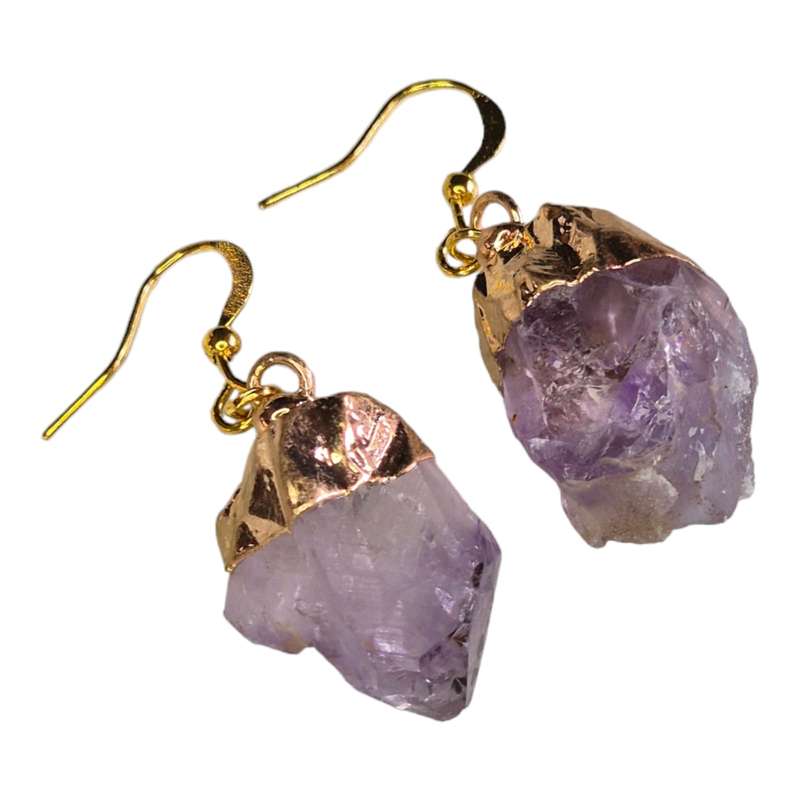 Amethyst rough earrings, gold base, 40mm