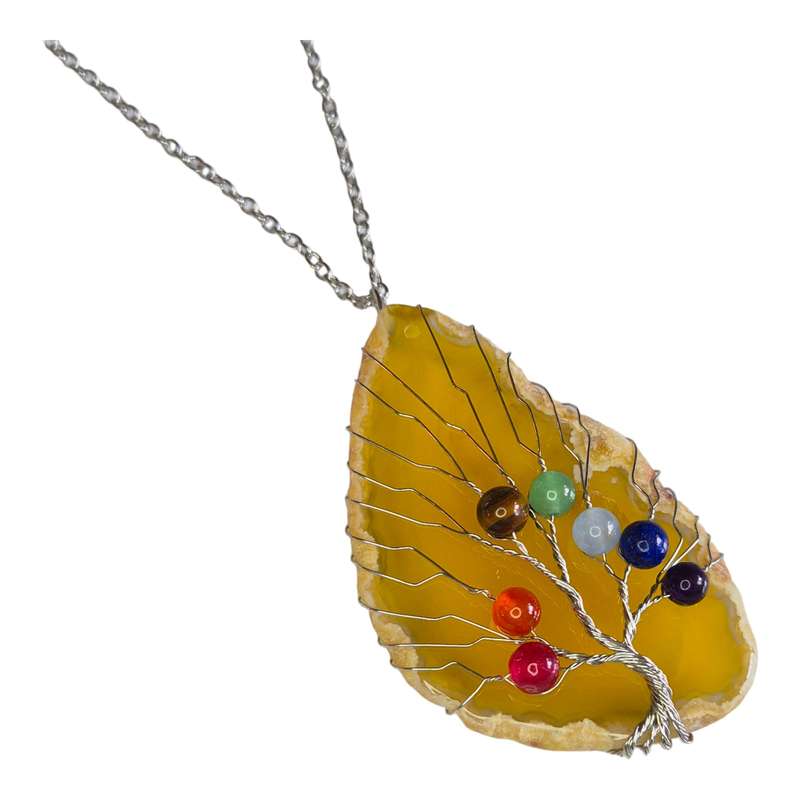 Agate chakra tree of life necklace, yellow, 45cm