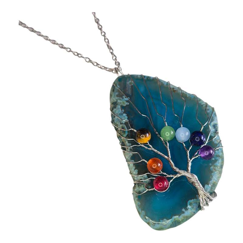 Agate chakra tree of life necklace, blue, 45cm
