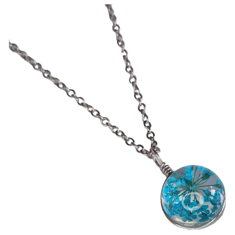 Dried flowers necklace on chain, blue, 45cm