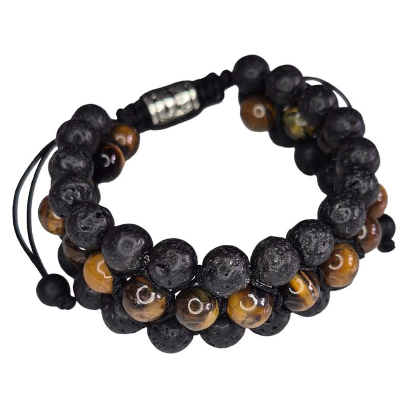 Tiger Eye & lava bracelet, 3 row, adjustable