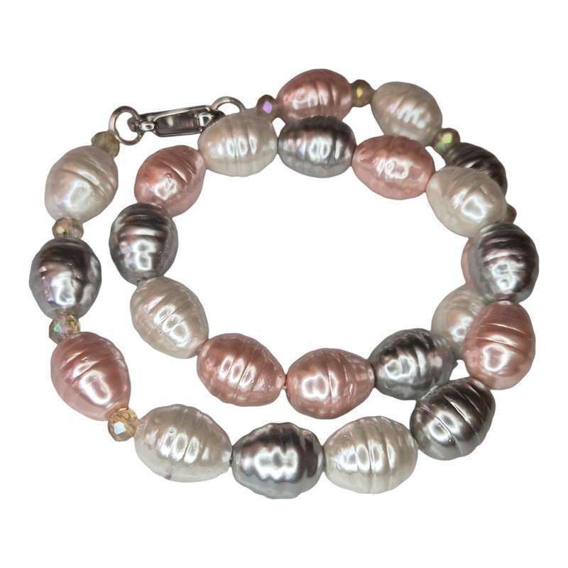 Shell pearl necklace, baroque, white, rose, silver, 45cm
