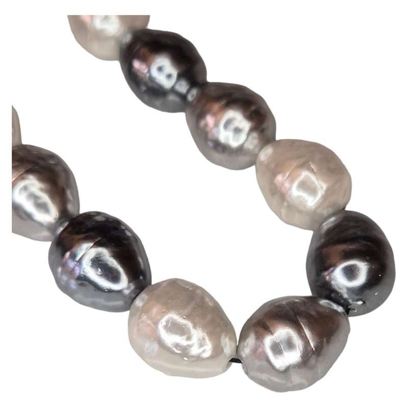 Shell pearl necklace, baroque, white, charcoal, silver, 45cm
