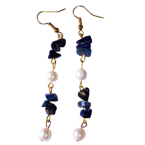 Lapis Lazuli chips w pearl earrings, gold base, 75mm