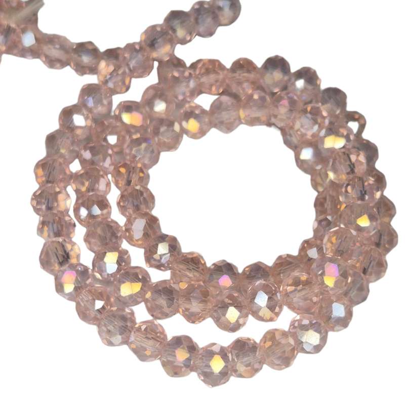 Glass bead string, faceted, rondelle, 5x7mm, pink AB, 40cm