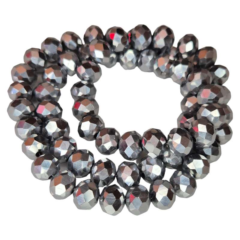 Glass bead string, faceted, rondelle, 6x8mm, silver, 40cm