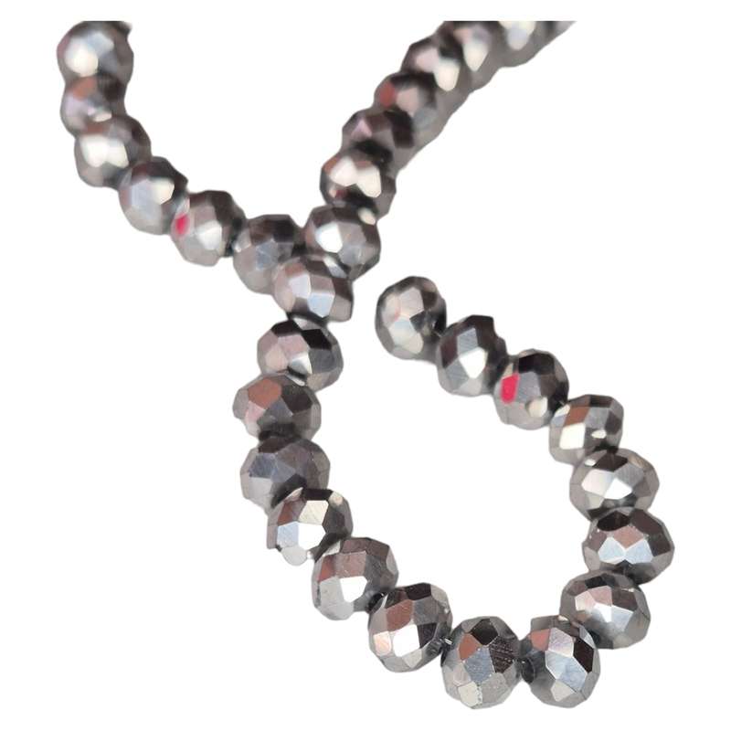 Glass bead string, faceted, rondelle, 5x7mm, silver, 40cm