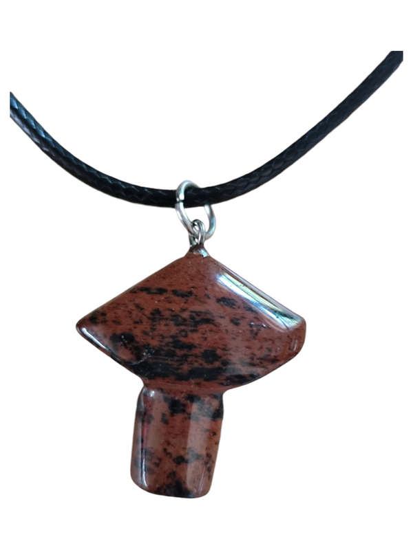 Mahogany obsidian mushroom necklace, black string, 45cm