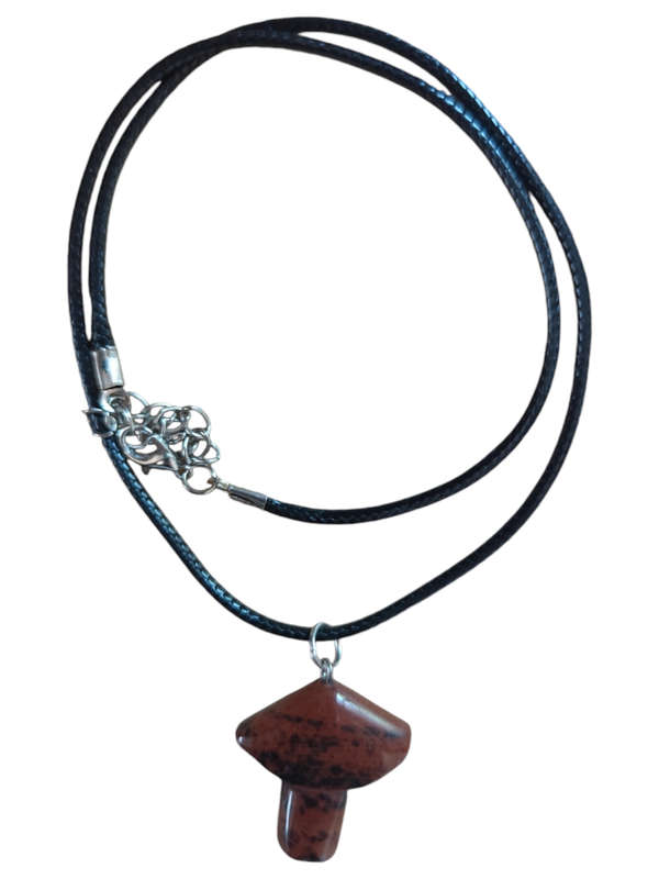 Mahogany obsidian mushroom necklace, black string, 45cm