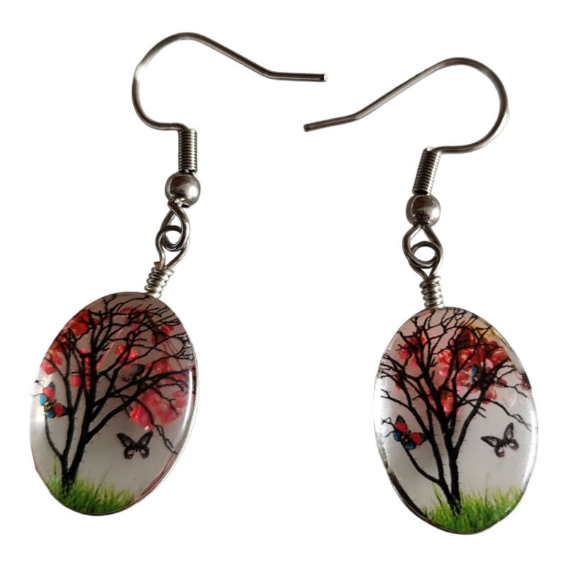 Dried flowers tree earrings, red, 45mm