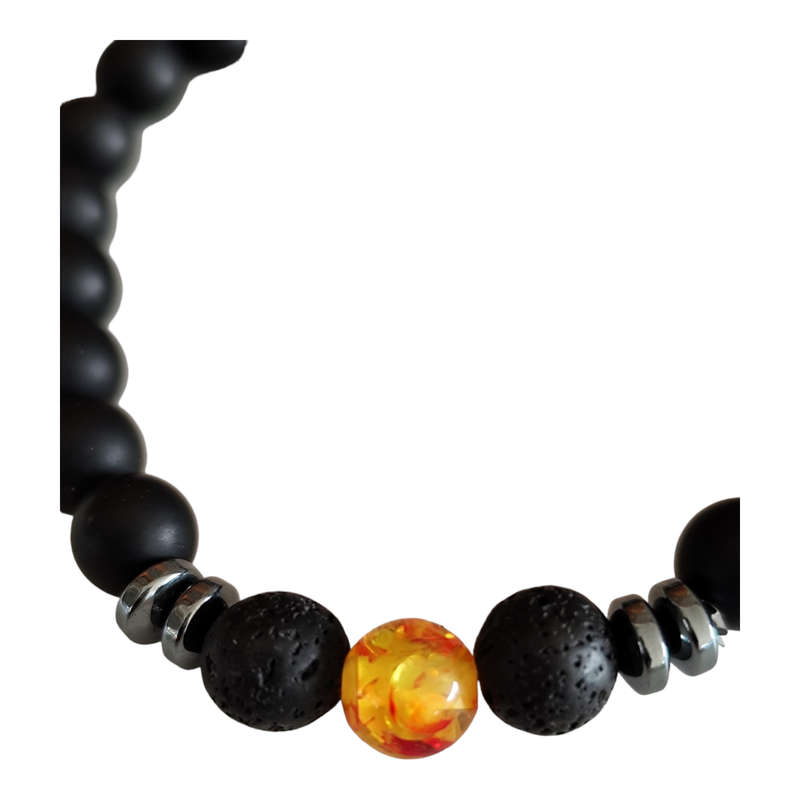 Matte obsidian w lava & imitation amber bead bracelet, stretchcord