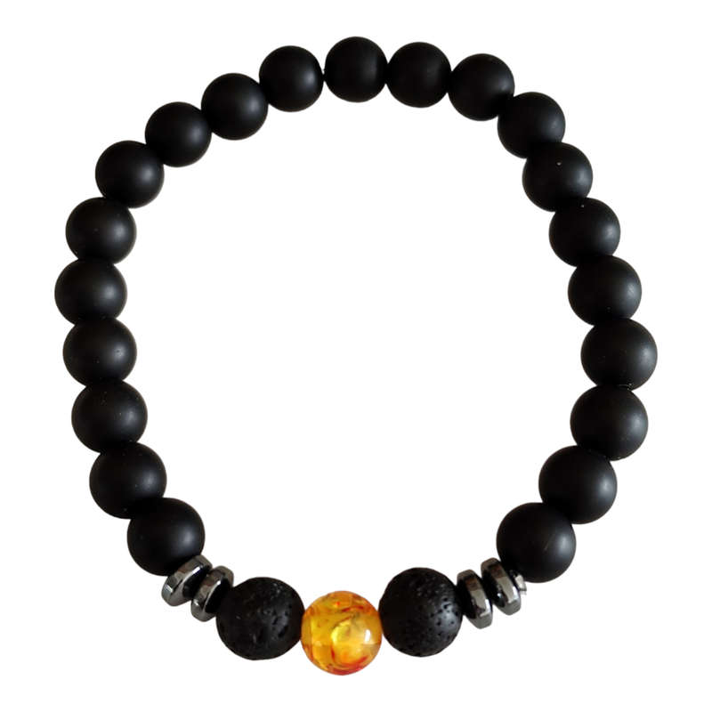 Matte obsidian w lava & imitation amber bead bracelet, stretchcord