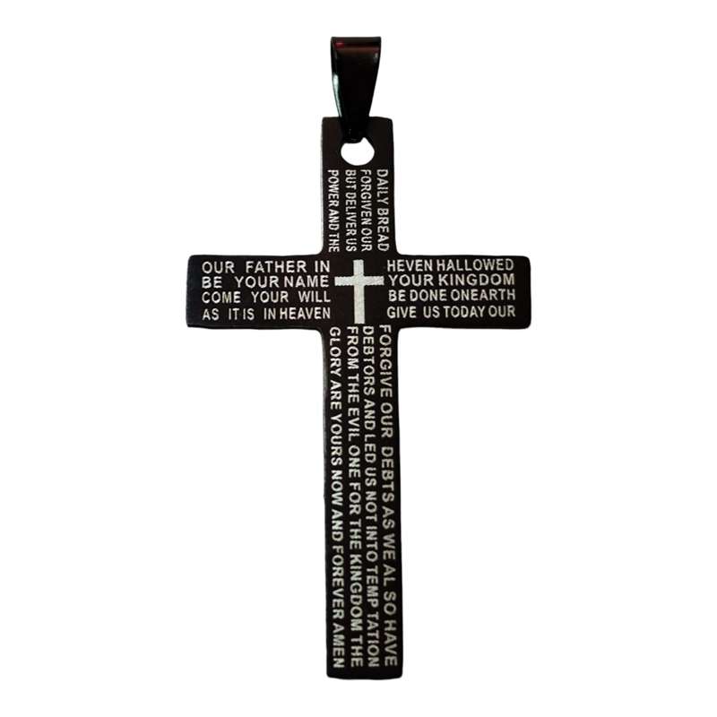 Black Cross pendant with silver prayer engraved on it