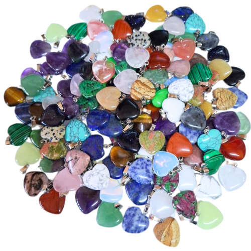 Gemstone heart pendants, assorted, 30mm