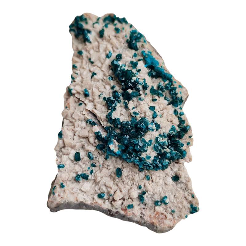 Dioptase on calcite, Tsumeb, small hand size specimen