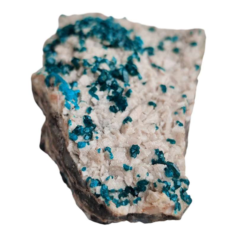 Dioptase on calcite, Tsumeb, small hand size specimen